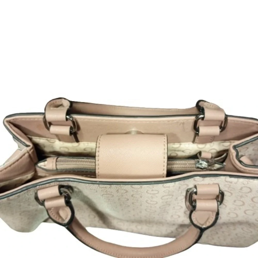 Guess Logo Print Satchel Handbag Beige Tan Convertible Strap‎ Top Handle Bag